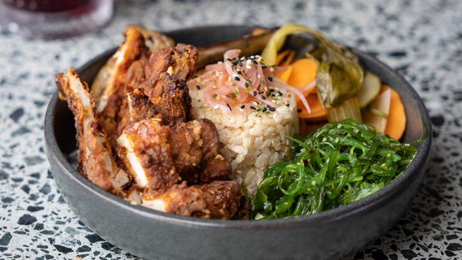 The poke bowl with Korean fried chicken. Picture: David Kelly