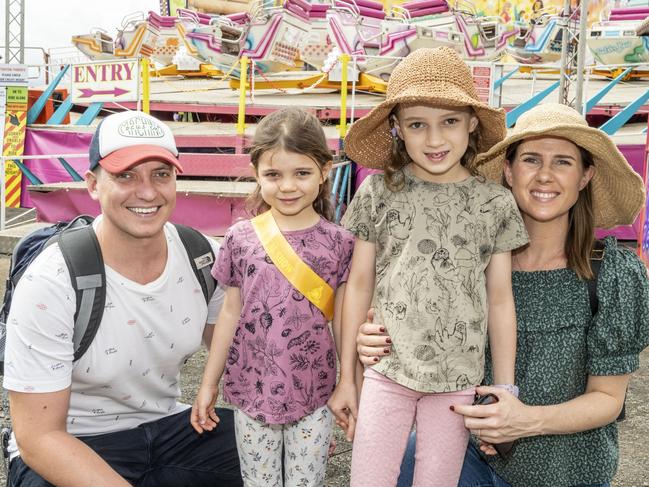 Stewart, Adeline, Ellie and Rose Saunders at the Toowoomba Royal Show. Saturday, March 26, 2022. Picture: Nev Madsen.