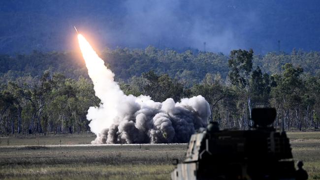 QUEENSLAND, AUSTRALIA - NewsWire Photos July 22, 2023: The High Mobility Artillery Rocket System (HIMARS) is fired by the US Army during Exercise Talisman Sabre 2023 in Shoalwater Bay training area . The live fire display is a combined exercise capabilities from Australia, the US, Japan, South Korea, Germany, France and New Zealand.Picture: NCA NewsWire / Jeremy Piper