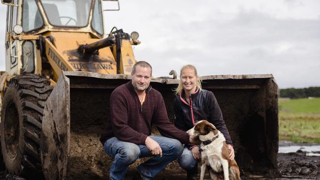 Mountain view: Graham and Melissa Clay at their farm on the ancient Mt Leura volcano in western Victoria. Picture: Dannika Bonser