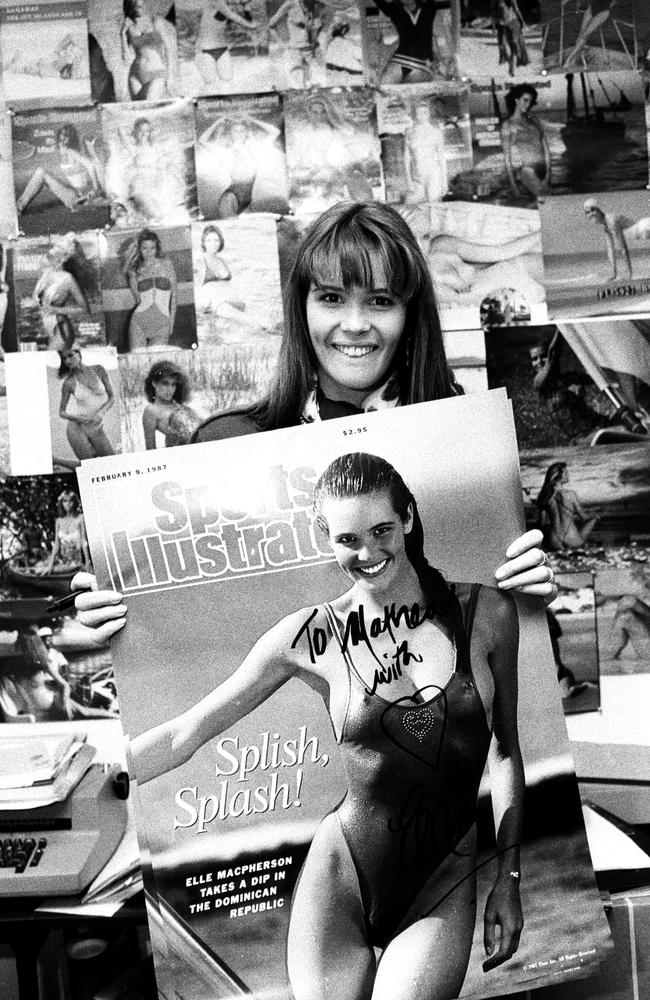 Elle celebrating her 1987 Sports Illustrated cover. Picture: Richard Corkery/NY Daily News/Getty Images