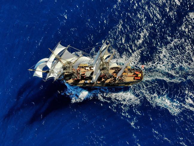 The voyage or the HMB Endeavour from Noumea in New Calendonia to Sydney, Australia. The Endeavour will circumnavigate Australia in the year 2020 in honour of the 250th anniversary of Captain James Cook discovering Australia. Drone photos of the Endeavour under full sail in the middle of the Coral Sea. Picture: Toby Zerna