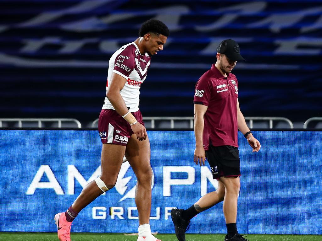 Manly also lost Jason Saab in the first half to an ankle injury. Picture: NRL Imagery