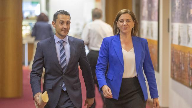 LNP's David Crisafulli and Deb Frecklington arrive at the party room today. Picture: Peter Wallis