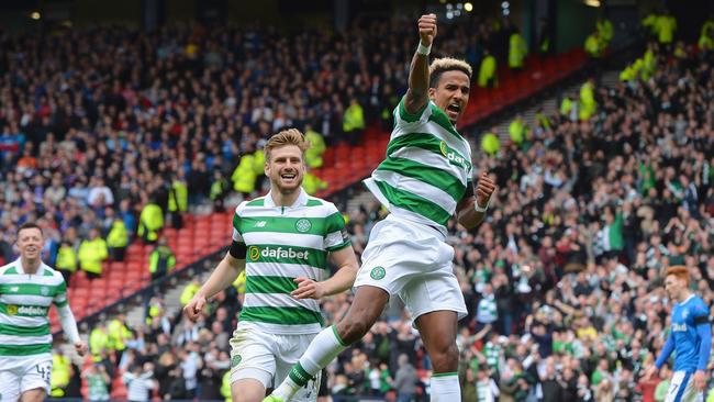 Scott Sinclair of Celtic celebrates scoring.