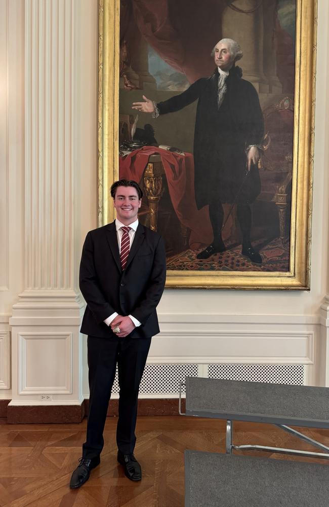 Joe McGuire poses at the White House where he met US president Donald Trump to celebrate his college football success. Picture: Supplied