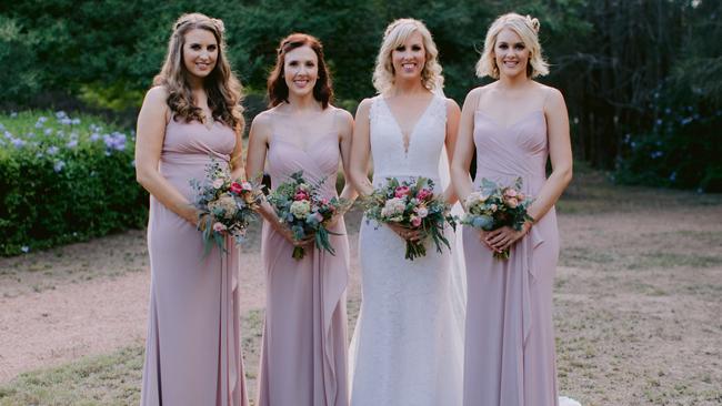 Lady chums: Kimberly Crawford and bridesmaids. Picture: Tom Roberts Media