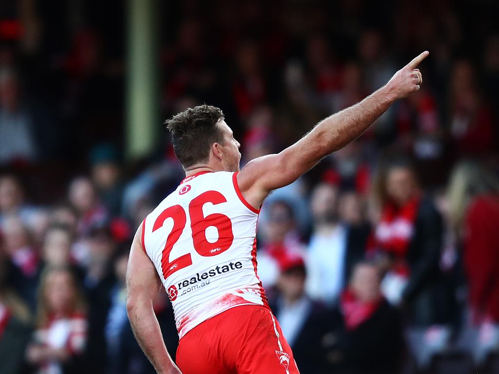 Sydney's Luke Parker celebrates after kicking a goal during the Sydney Swans v North Melbourne Round 18 AFL match at the SCG on July 13, 2024.. Photo by Brett Costello (Image Supplied for Editorial Use only - **NO ON SALES** - Â©Brett Costello )