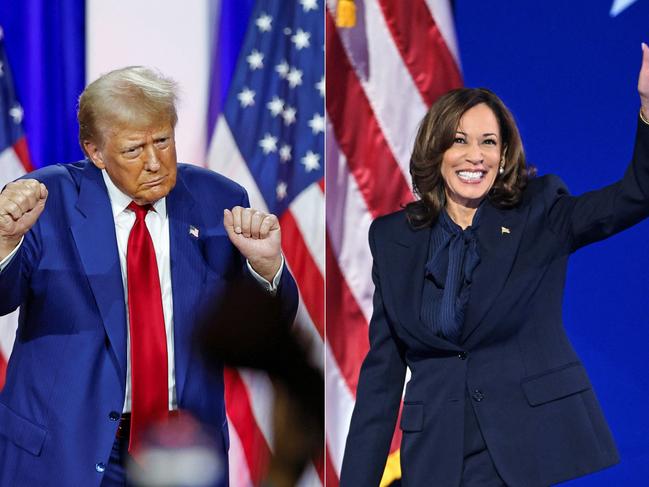 (COMBO) This combination of pictures created on September 09, 2024 shows, L-R, former US President and Republican presidential candidate Donald Trump dancing as he leaves the stage after speaking alongside former US Representative Tulsi Gabbard during a town hall meeting in La Crosse, Wisconsin, on August 29, 2024 and US Vice President and Democratic presidential candidate Kamala Harris arriving onstage to speak on the fourth and last day of the Democratic National Convention (DNC) at the United Center in Chicago, Illinois, on August 22, 2024. Harris and Trump made their final preparations on Monday, September 9, on the eve of their first -- and possibly only -- televised debate before the knife-edge 2024 US presidential election. With less than two months until election day, the face-off could be a turning point in a bitter contest between the Democratic vice president and Republican former president. (Photo by KAMIL KRZACZYNSKI and Mandel NGAN / AFP)