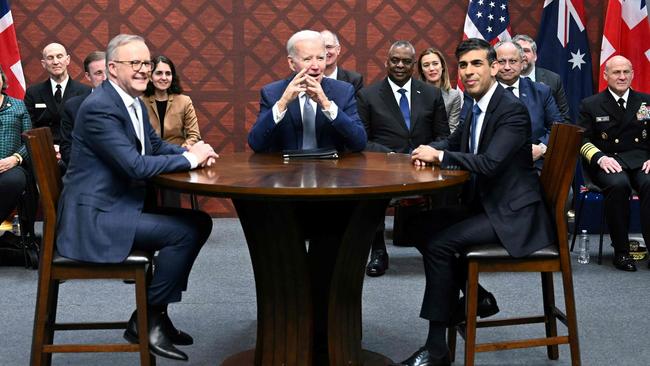 US President Joe Biden, centre, in a trilateral meeting with British PM Rishi Sunak, right, and Anthony Albanese during the AUKUS summit. Picture: AFP