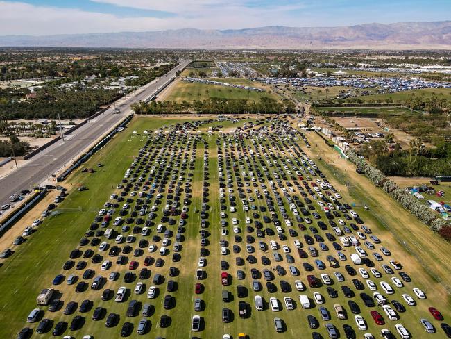 Hundreds of cars wait in a series of lines to get through a security screening area before arriving at the car camping grounds at Coachella on April 10. Picture: Picture: Andy Abeyta/The Desert Sun/USA TODAY NETWORK via Imagn Images/Sipa USA/AAP