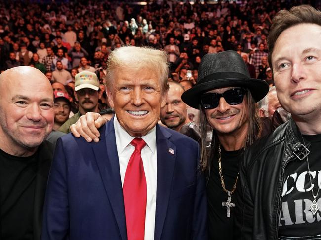 NEW YORK, NEW YORK - NOVEMBER 16: (L-R) Joe Rogan, President-elect Donald Trump, Kid Rock and Elon musk pose for a photo during the UFC 309 event at Madison Square Garden on November 16, 2024 in New York City. (Photo by Chris Unger/Zuffa LLC)