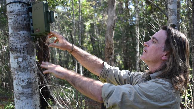 Nature Conservation Council ecologist Peter Knock sets up sound recording inthe  Bungawalbin forest to track barking owls.