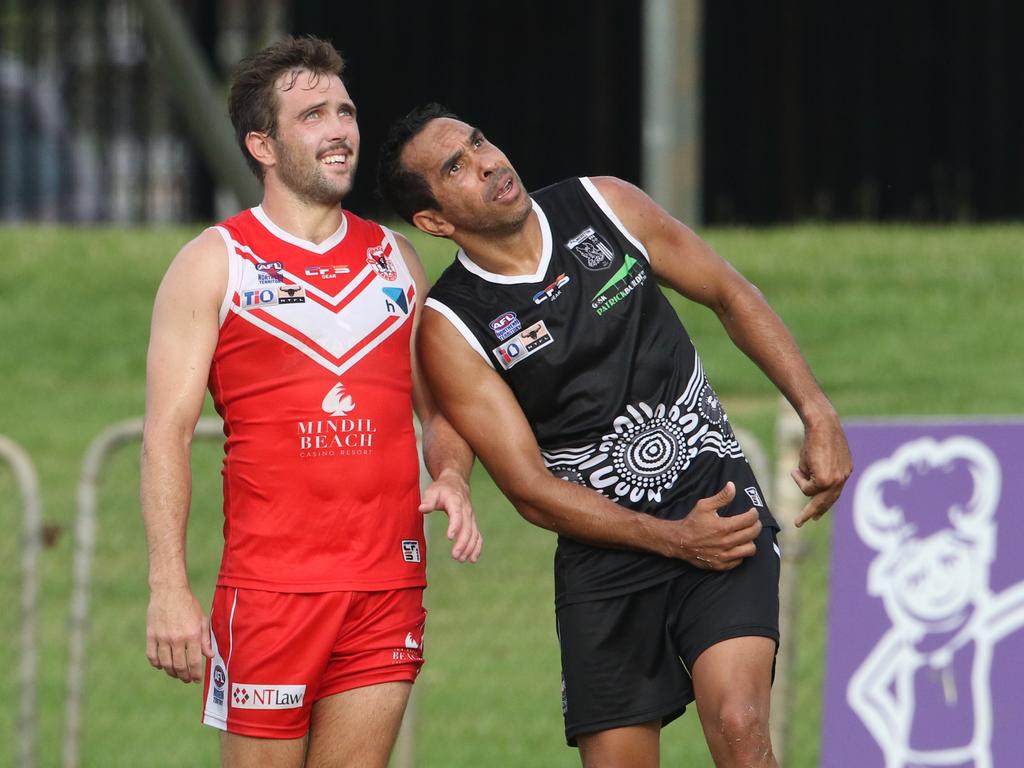 Eddie Betts with Waratah’s Abe Ankers who he called one of the top talents of the NTFL. Picture: Glenn Campbell