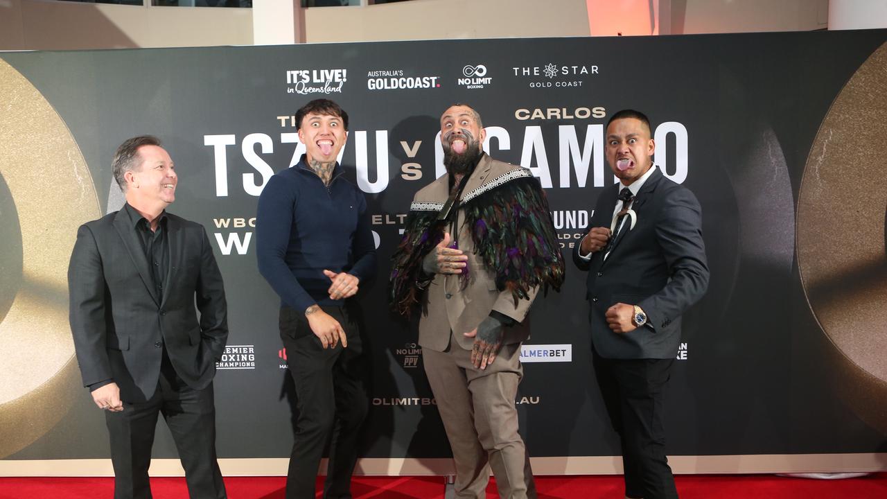 Tim Tszyu v Carlos Ocampo fight launch party, Nineteen at the Star, Broadbeach. (L-R) are Brent Blond, Jahsaiah Hirini, Haze The Huntsman and Tamaki Peita. Picture by Richard Gosling