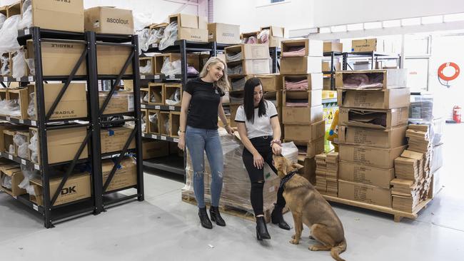 New digs: Jasmin Robertson and Emma Karanges, with Boss, the kelpie, in the warehouse they bought after becoming business partners in The Dog Mum. Picture: Mark Cranitch