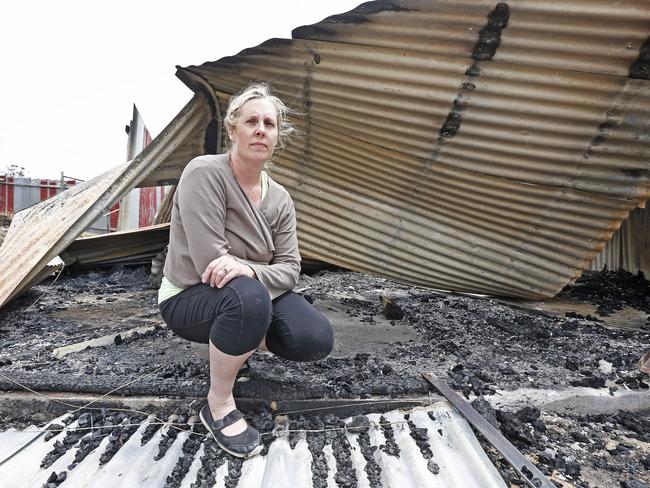 Tracey Eyles in front of her deer handling shed that was burnt down. Picture: ZAK SIMMONDS