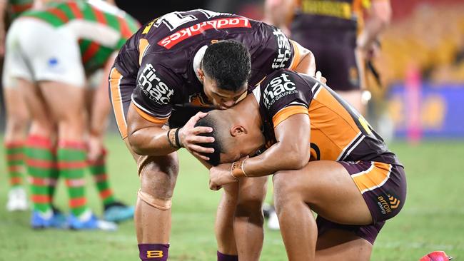 Jamayne Isaako gets a kiss on the head from teammate David Fifita. Picture: AAP Image/Darren England