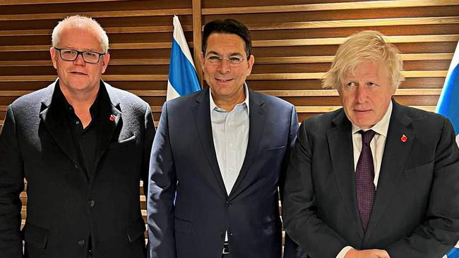 Former prime minister Scott Morrison made a surprise visit to Israel with former British prime minister Boris Johnson, meeting with UN ambassador Danny Danon. Picture: Twitter