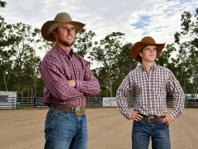 Champion bareback rider Ryan Livingstone with up and coming rider Cody Quilliam can't wait for the action to start at the Bartlett Park Rodeo. Picutre: Evan Morgan