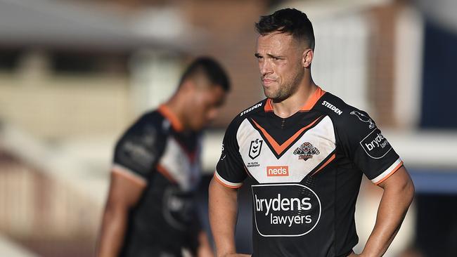 ROCKHAMPTON, AUSTRALIA - AUGUST 21: Luke Brooks of the Tigers looks dejected after losing the round 23 NRL match between the Wests Tigers and the Cronulla Sharks at Browne Park, on August 21, 2021, in Rockhampton, Australia. (Photo by Ian Hitchcock/Getty Images)