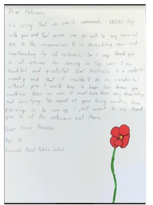 A salute to veterans from Connells Point Public School students Oscar Trenear, 10.