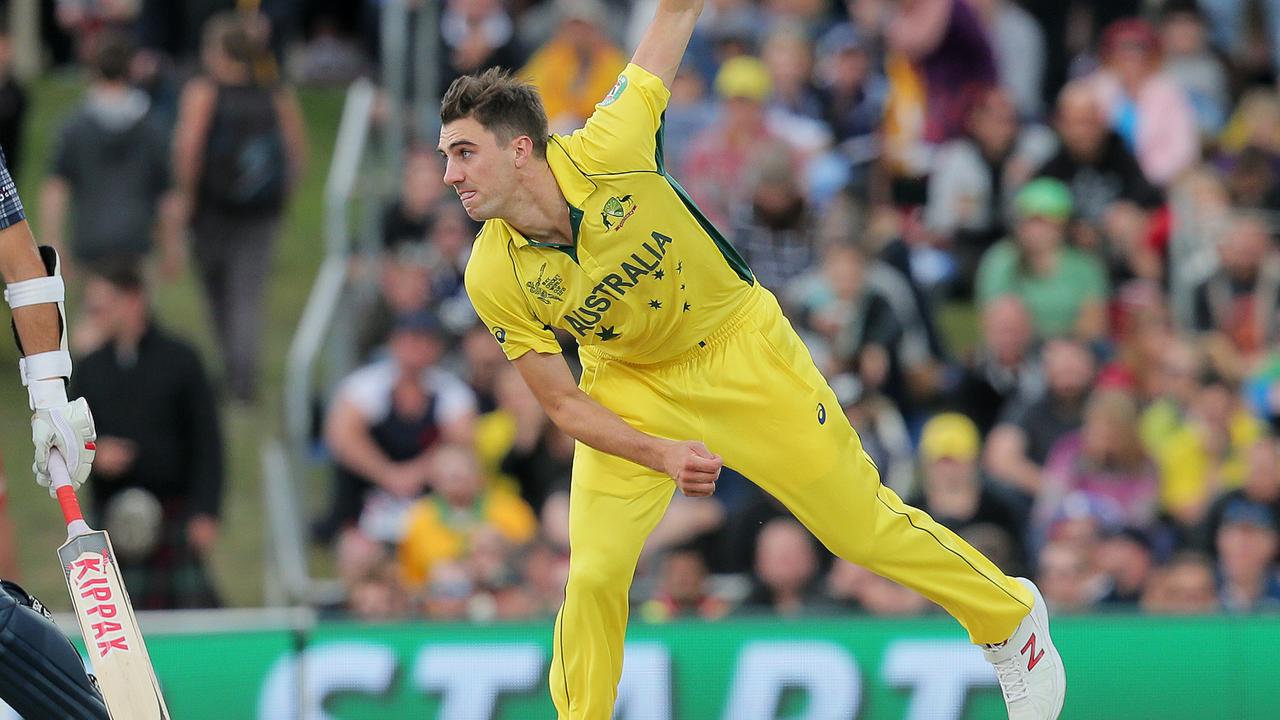 CWC: Cricket World Cup Australia vs. Scotland, Bellerive Oval. BYLINE: LUKE BOWDEN: Pat Cummins bowling