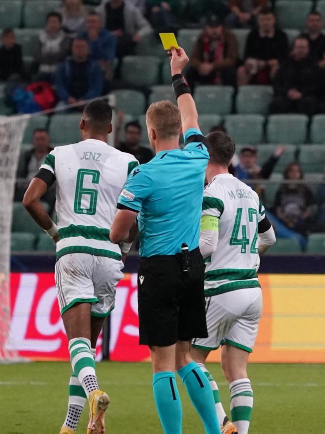 Celtic defender Moritz Jenz is shown a yellow card. Picture: Janek Skarzynski / AFP