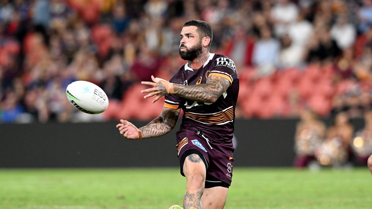 Adam Reynolds of the Broncos passes the ball during the round seven NRL match between the Brisbane Broncos and the Canterbury Bulldogs. Photo by Bradley Kanaris/Getty Images