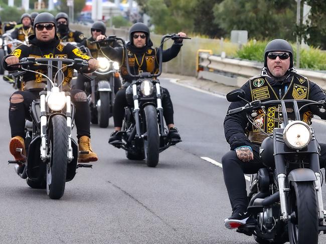 Comanchero Motorcycle Club President Mick Murray and Victorian Sergeant-at-Arms Christian Taumoefolau leading a ride. Picture: Ian Currie