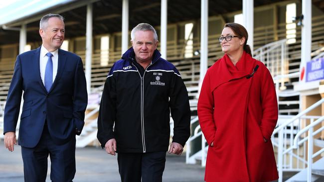 Federal Opposition Leader Bill Shorten, Burnie Dockers president Stephen Dowling and Braddon by-election candidate Justine Keay at a funding announcement for West Park in Burnie earlier today. Picture: CHRIS KIDD