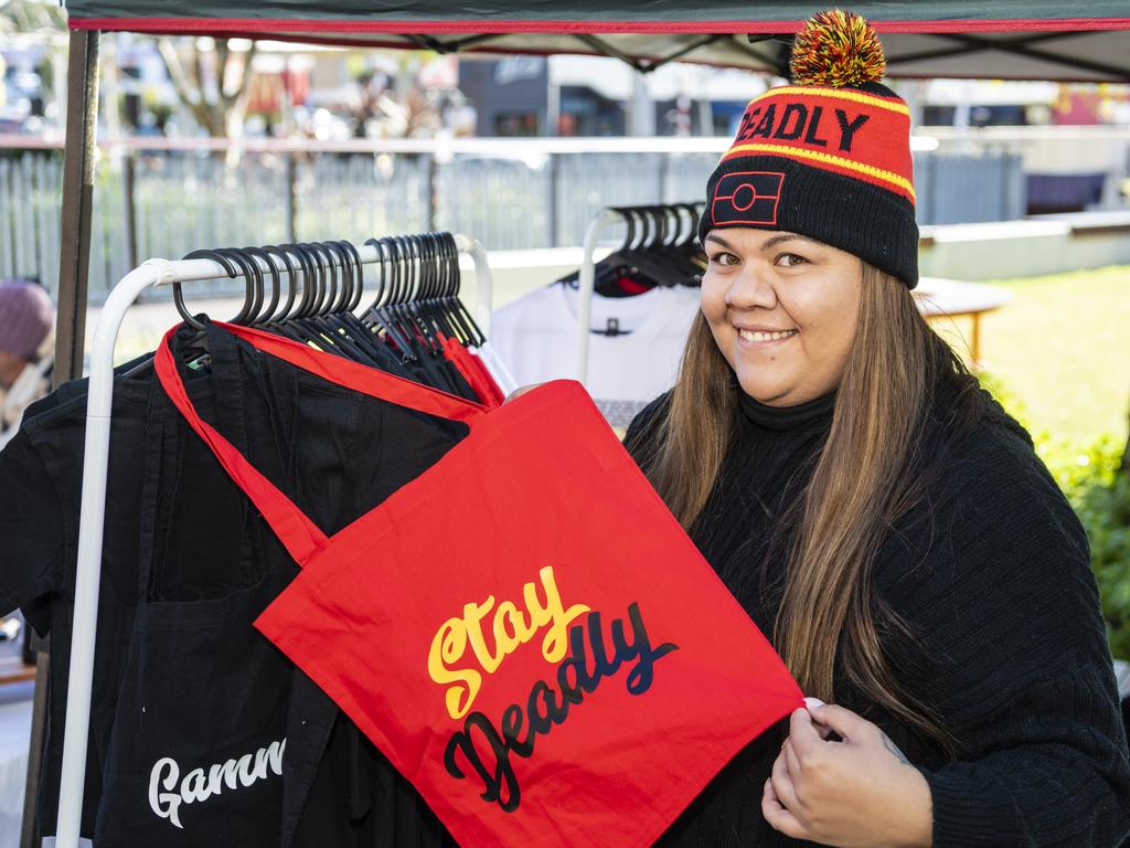 Kaylah Weatherall on her Tiddas and Co and Creations by Kay Rose stall at the NAIDOC arts and craft market at Grand Central, Saturday, July 9, 2022. Picture: Kevin Farmer