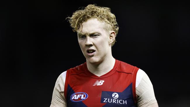 MELBOURNE, AUSTRALIA - AUGUST 01: Clayton Oliver of the Demons looks on during the round 20 AFL match between Gold Coast Suns and Melbourne Demons at Marvel Stadium on August 01, 2021 in Melbourne, Australia. (Photo by Daniel Pockett/Getty Images)