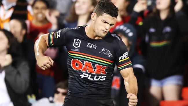 Nathan Cleary o celebrates kicking a conversion to send the match into golden point during the round four NRL match between the Penrith Panthers and the Wests Tigers at Panthers Stadium on April 05, 2019 in Penrith, Australia. (Photo by Mark Kolbe/Getty Images)