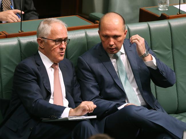 Leader in waiting? Prime Minister Malcolm Turnbull with one of the possible candidates for his job, Peter Dutton. Picture: Kym Smith