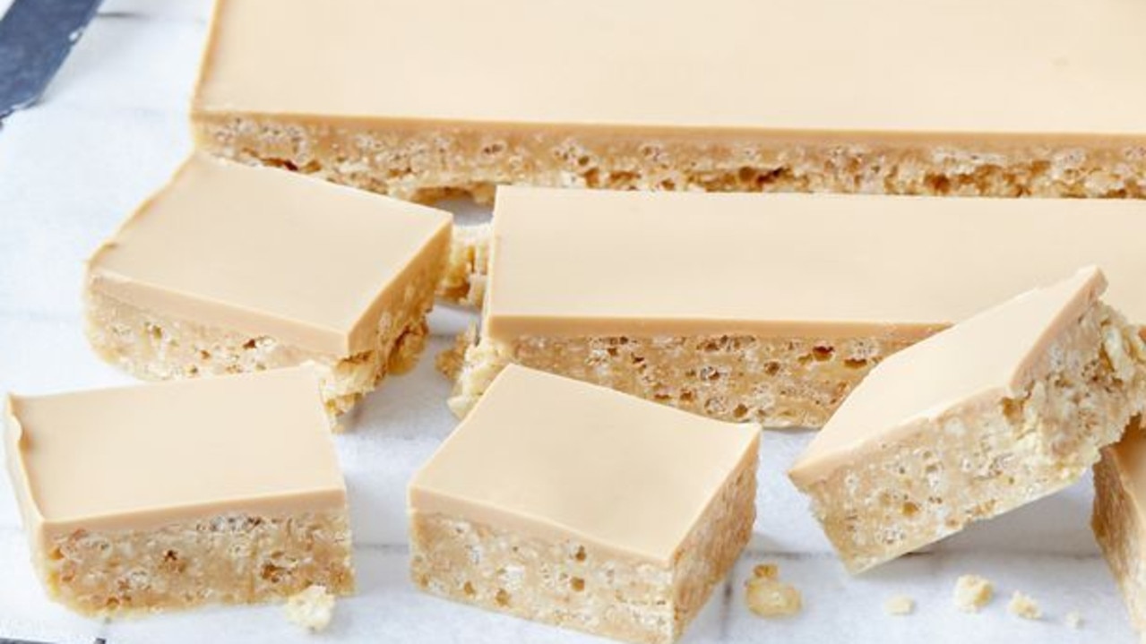 The Caramilk rice bubble slice is a school holiday favourite.