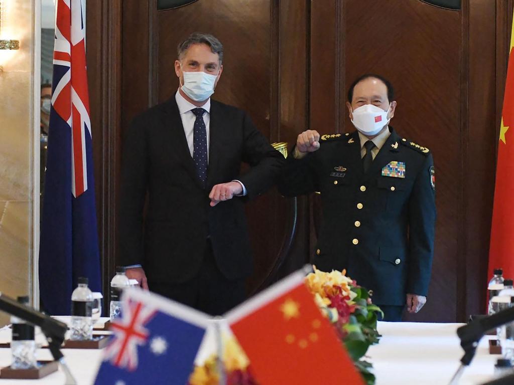 Richard Marles meets Wei Fenghe in Singapore. Picture: Handout/AFP