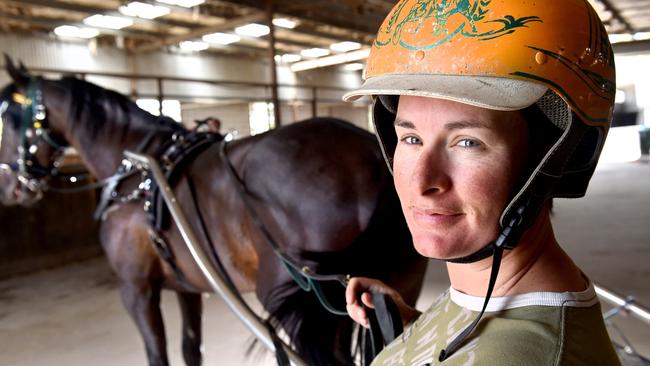 Harness trainer Emma Stewart with Yankee Rockstar at Smythes Creek. Picture: Mike Keating.