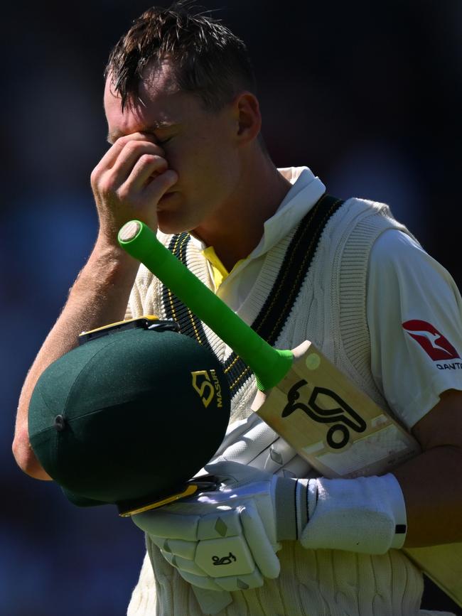 Marnus Labuschagne walks off after being dismissed by Moeen Ali. Picture: Getty Images