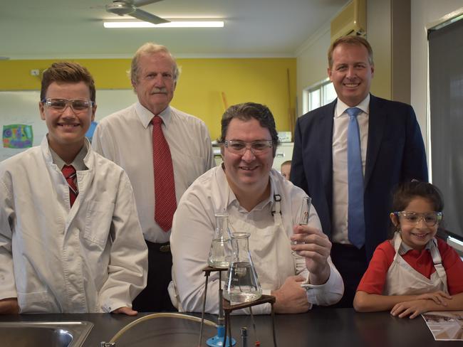 Year six student Nathaniel Smith, Whitsunday Anglican School board chairman David Watts, Dawson MP George Christensen, principle Andrew Wheaton and prep student Aaushiee Jain. Picture: Lillian Watkins