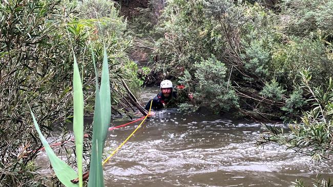 An emergency worker during a rescue operation in flood waters at the Buchan campground in east Gippsland, Picture: Victoria Police, AFP