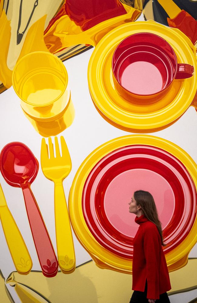 Jeff Koons’ ‘Plate Set’ (estimated at $1.16m-1.55m) is displayed at Sotheby’s, London, part of the Modern & Contemporary exhibits. Picture: Tristan Fewings/Getty Images for Sotheby's