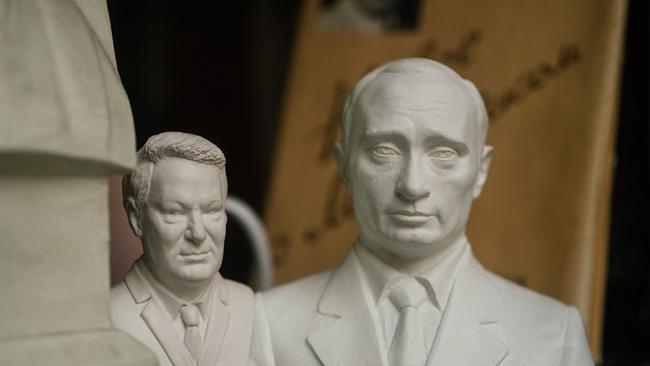 Busts of Vladimir Putin and predecessor Boris Yeltsin on sale in Moscow. Picture: AFP