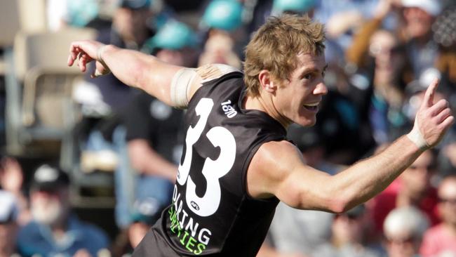 Brett Ebert celebrating a goal while playing for the Power during the first AFL match at Adelaide Oval.                                           Picture: Sarah Reed.