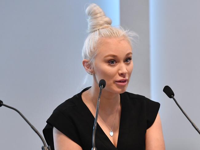 Telecia Tuccori, former clinical manager at HelpStreet, at the Queensland parliamentary committee investigation hearing into the closure of the Earle Haven residential aged care facility. Picture: Darren England/AAP