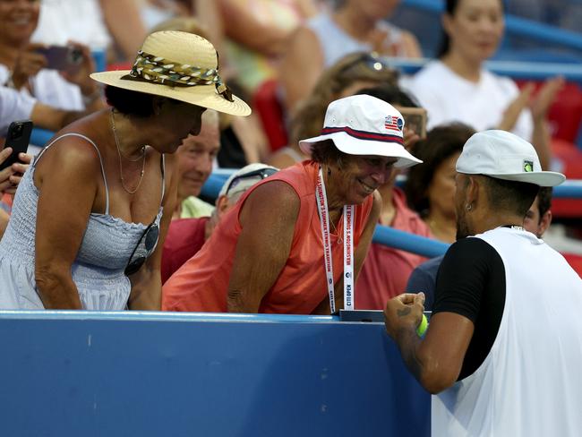 WASHINGTON, DC - AUGUST 02: Nick Kyrgios of Australia talks with fans before serving match point against Marcos Giron of the United States during Day 4 of the Citi Open at Rock Creek Tennis Center on August 02, 2022 in Washington, DC. (Photo by Rob Carr/Getty Images)