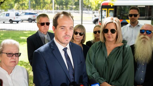 Ben Hyde, centre, flanked by his wife Tania, right, and family outside court. Picture: NCA NewsWire / Morgan Sette