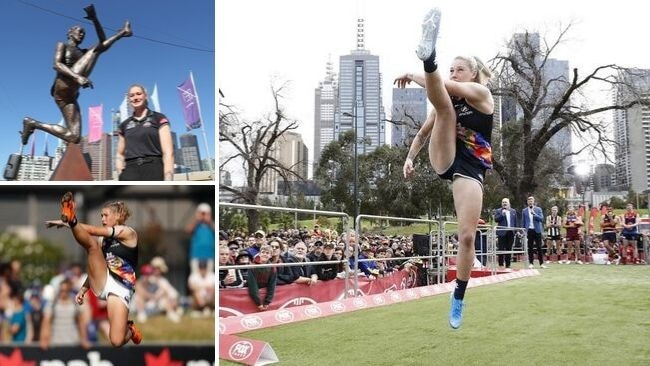 Tayla Harris emulates her stunning 'The Kick' image to finish third in Fox Footy’s longest kick.