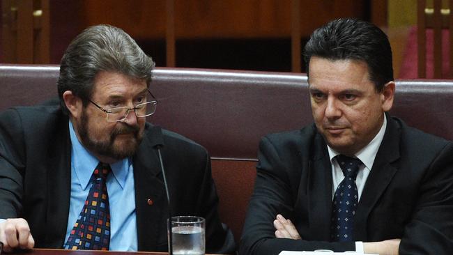 Derryn Hinch and Nick Xenophon Team in the Senate last night. Picture: AAP.