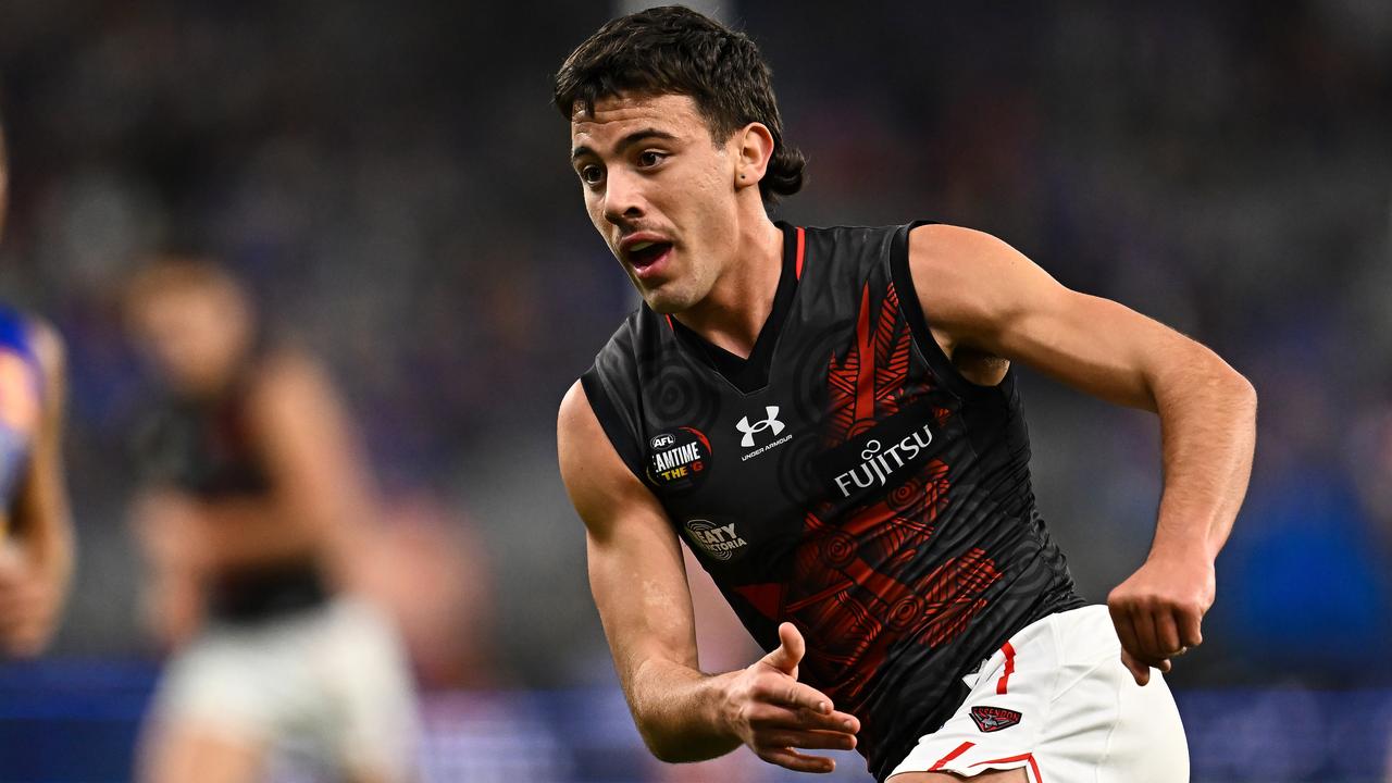 PERTH, AUSTRALIA - MAY 27: Massimo D'Ambrosio of the Bombers chases the ball during the 2023 AFL Round 11 match between the West Coast Eagles and the Essendon Bombers at Optus Stadium on May 27, 2023 in Perth, Australia. (Photo by Daniel Carson/AFL Photos via Getty Images)